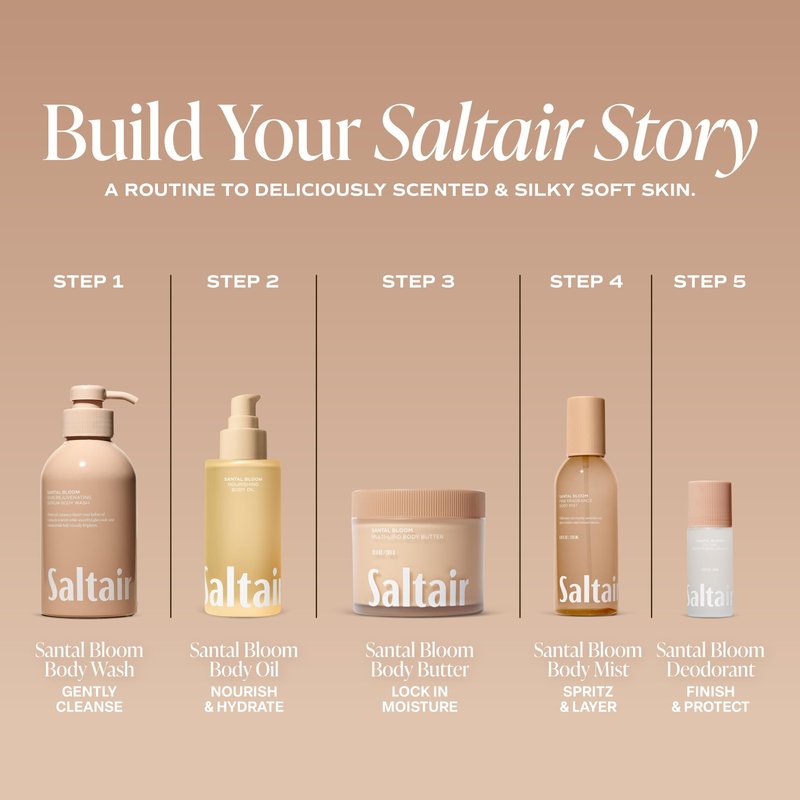 Saltair Body Oil - Luxurious Santal Bloom After Shower and Bath Oil for Women and Men. Botanical, Non-Greasy, Well-Absorbing Moisturizer for Hydrating Dry Skin – 4oz Pump Bottle