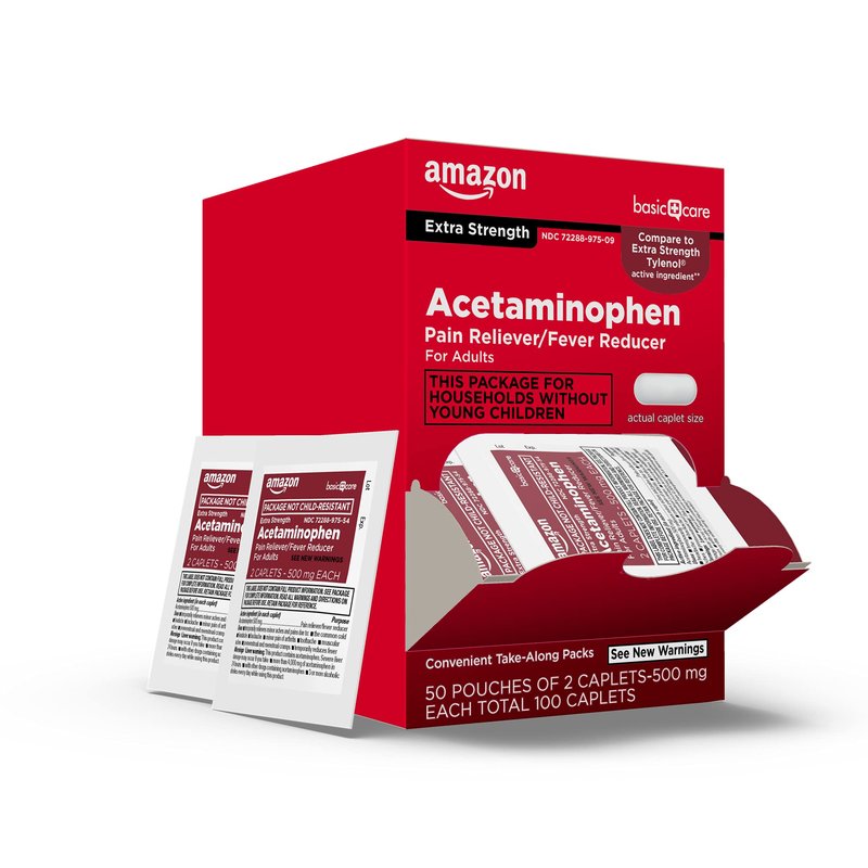 Amazon Basic Care Extra Strength Acetaminophen Caplets 500 mg, Pain Reliever and Fever Reducer, Gentle on Stomach, For Arthritis Pain, Backache Pain and More, 50 Packets of 2 Capsules Each, 100 Count