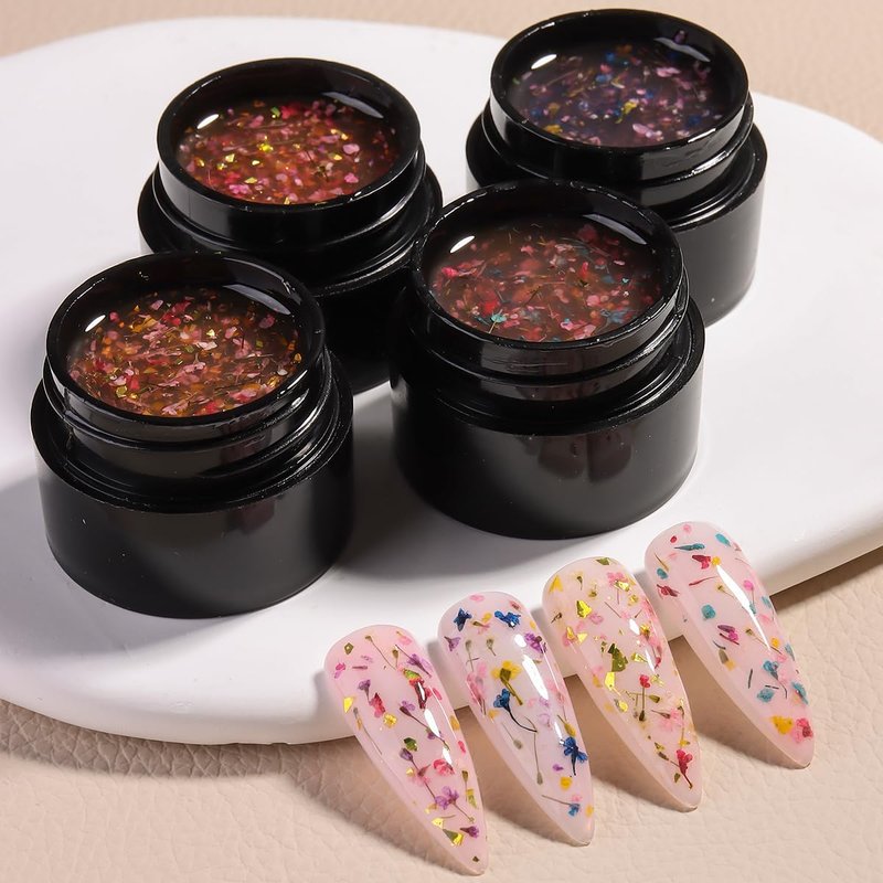 Fcozpjk Dried Flowers Gel Nail Polish, 4 Colors Flower Gel Nail Polish Soak Off UV/LED Nail Polish Spring Summer Floral Nail Design Translucent Jelly Gel Nail Polish Kit Home Manicure