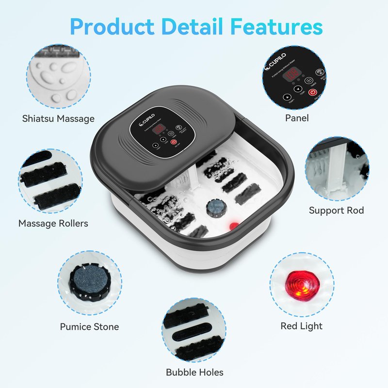 CuPiLo Foot Spa Bath Massager with Heat, Collapsible Foot Massager Spa Soaking Tub with Bubbles, Pumice Stone, and Shiatsu Massage Rollers, Pedicure Foot Spa for Relaxation, Gifts
