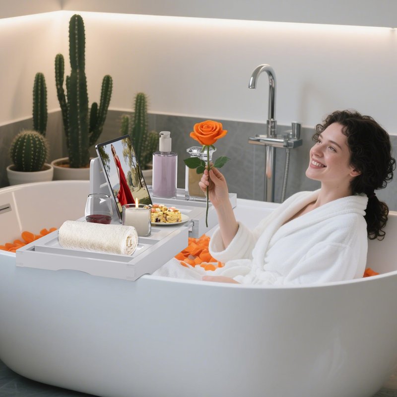 Bathtub Tray Caddy,Premium Bamboo Expandable Bath Tub Trays Table, Foldable Bathroom Accessories,Great House Warming, Anniversary and Birthday Gifts,White