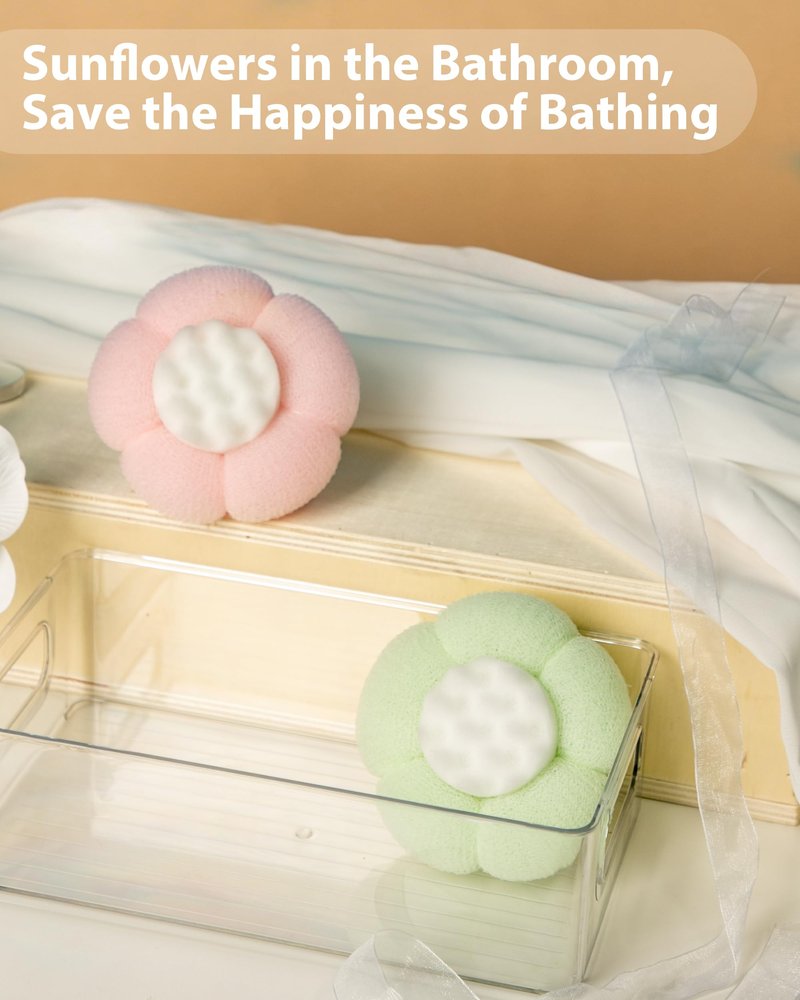 2026 Super Soft Flower-Shaped Suction Cup Bath Sponge, Upgraded 2-in-1 Flower-Shaped Ball Exfoliating Bath loofah Cleaning Brush, Mesh Shower Body Sponge Accessories for Women, Men Shower (2 Color)