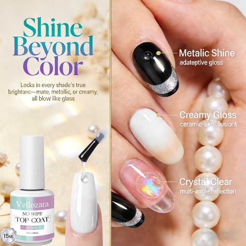Vellozara Gel Top Coat Nail Polish, No Wipe Gel Top Coat, Clear Color Nail Polish Shine Finish and Long Lasting, Salon Quality Art Design for Home Use Beauty, Need U V/LED Lamp, for Girls Gift 15ml