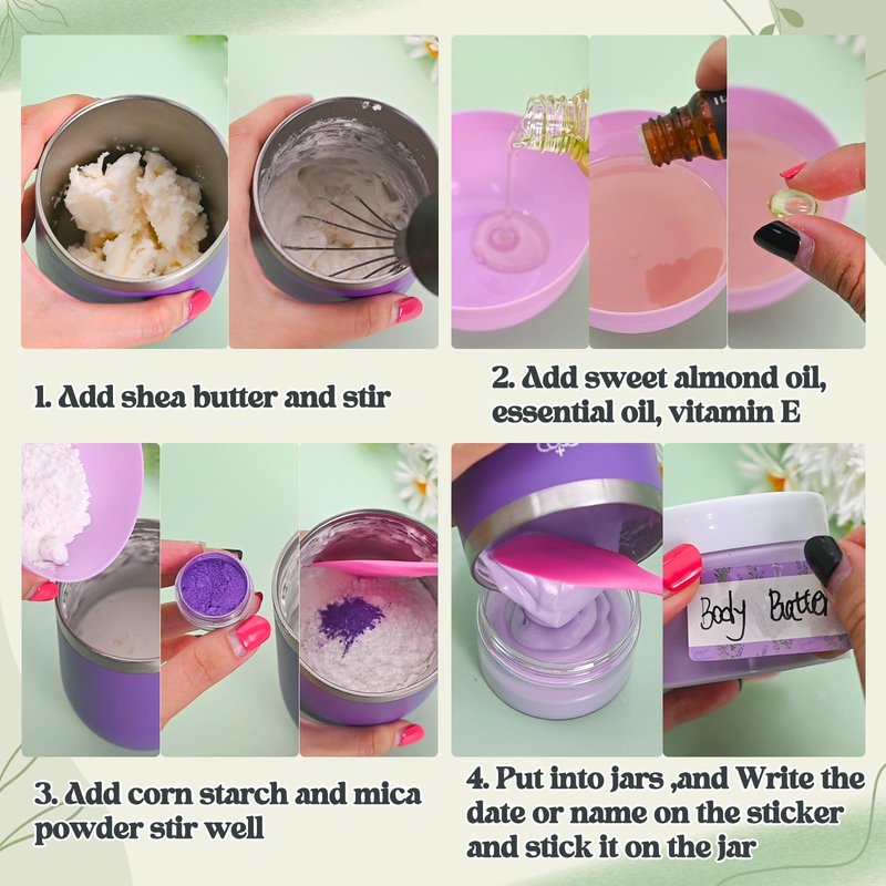 JUYRLE Body Butter Making Kit- Shea Butter Lotion Making Kit, DIY Crafts for Adults with Organic Shea Butter, Sweet Almond Oil, Mica Powder, Natural Whipped Body Butter Maker Skin Care Gifts for Women