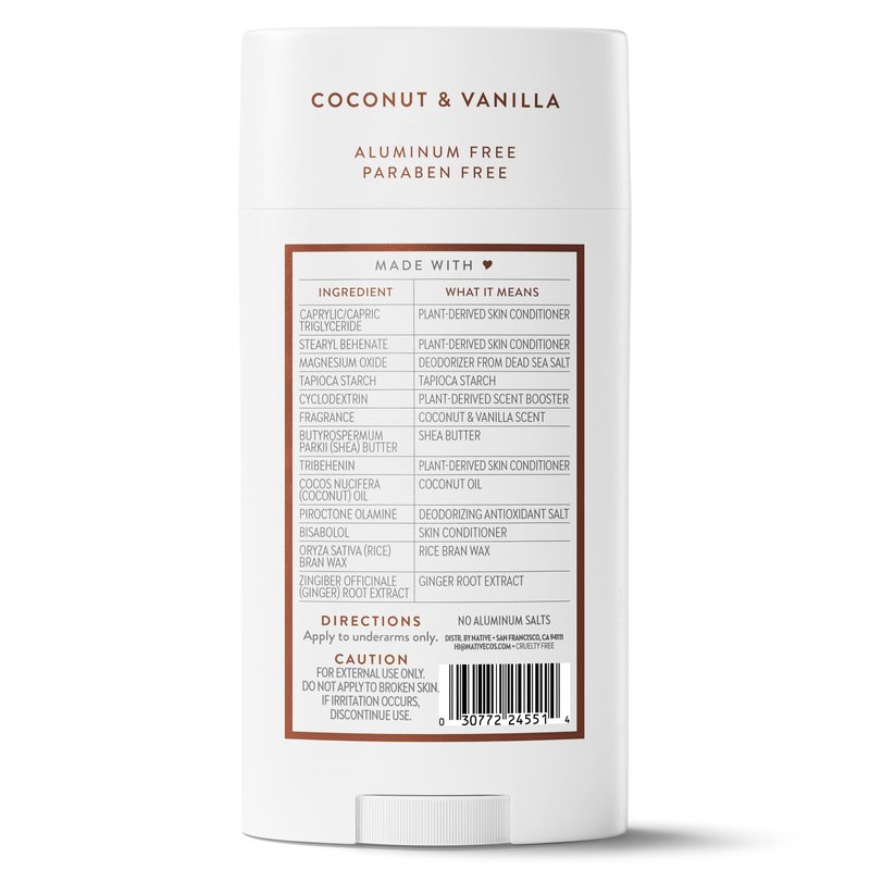 Native Aluminum Free Deodorant, Coconut & Vanilla, Large Size Stick, 72 Hour Odor Control, for Women & Men, Contains Naturally Derived Ingredients, 3.1 oz