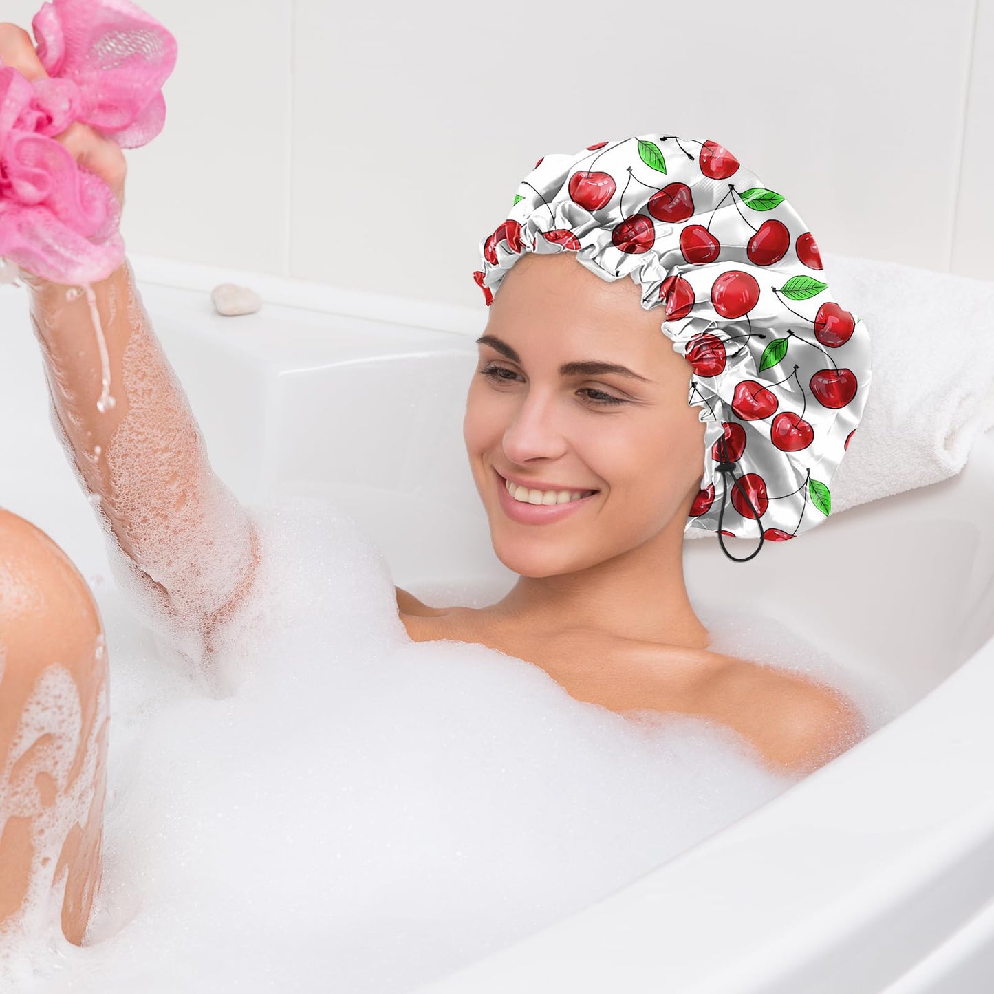 BHAHB 2 PCS Shower Cap Waterproof Double Layer Elastic Adjustable Reusable Hair Bath Caps for Girls Women Cute Aesthetic-Pink