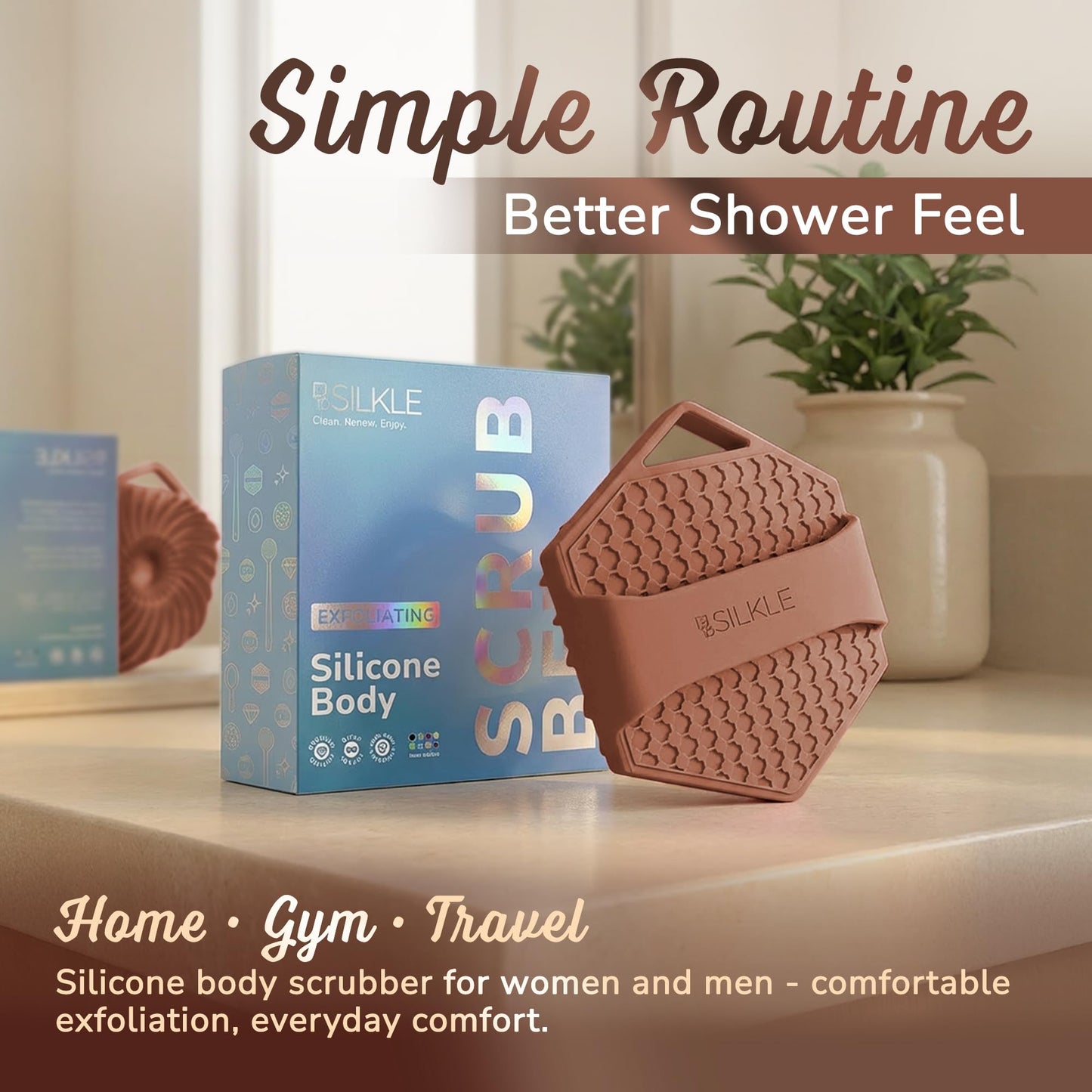 SILKLE Silicone Body Scrubber – Gentle Exfoliating Shower Scrubber for Body & Bath, Silicone Shower Brush & Loofah Alternative – Non-Slip Silicone Body Brush, Quick Dry, Hygienic - Brown