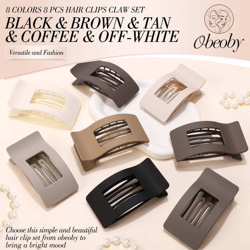 Obeoby 8 PCS Flat Hair Clips for Women, Medium Lay Flat Claw Clips for Thick Thin Hair French Hair Accessories Barrettes