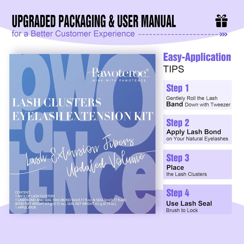 Pawotence Lash Extension Kit - Individual Lash Clusters (40D & 50D) | 8-16mm with Bond, Seal & Tweezers