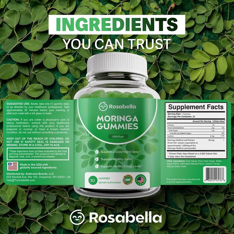 Rosabella Moringa Gummies – Moringa Leaf Extract 1000mg Equivalent Per Serving – Natural Energy & Balance – Non-GMO, Gluten-Free Superfood Gummies for Women & Men – 60 Count (60 Count (Pack of 2))