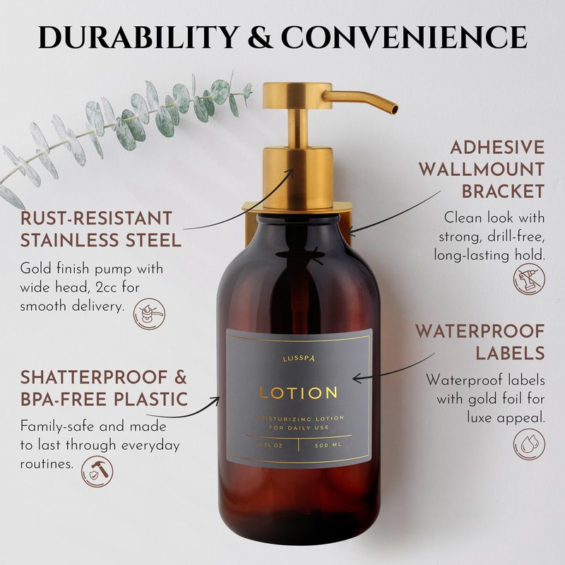 Shower Shampoo Dispenser Wall Mounted – 3 Refillable 16.9 oz Amber Bottles with Stainless Steel Pumps & No-Drill Adhesive Holders – Soap Dispenser Set for Bathroom (3 X Amber/Gold)