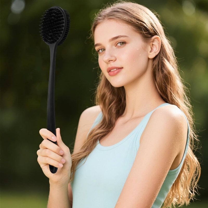 Silicone Body Scrubber - Dual-Sided Exfoliating Shower Brush for Men & Women | Long Handle, Includes 1 Hook & 2 Lather Balls - Black
