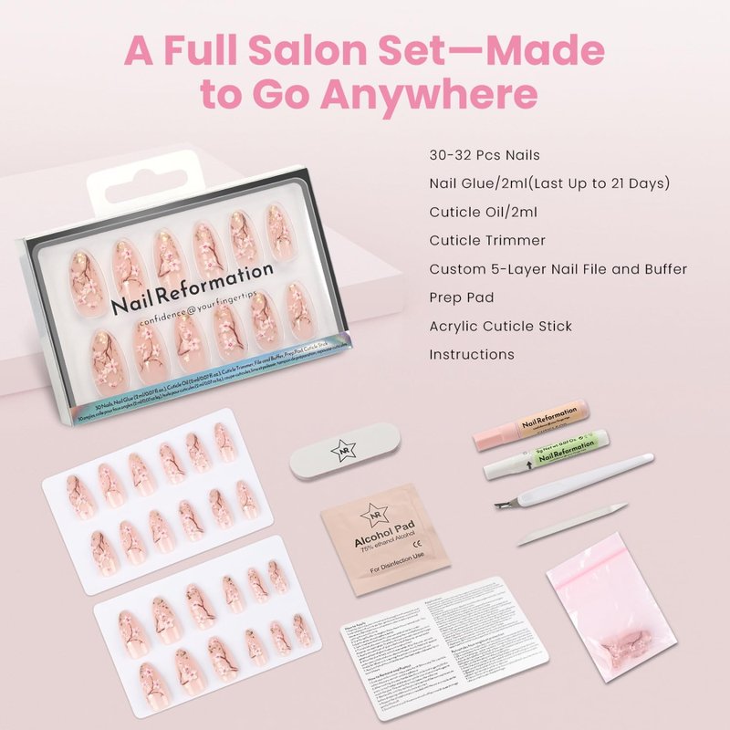 Nail Reformation Press On Nails - Soft Sakura Floral Medium Almond Design | Salon Quality, Reusable 30 Nail Kit in 15 Sizes