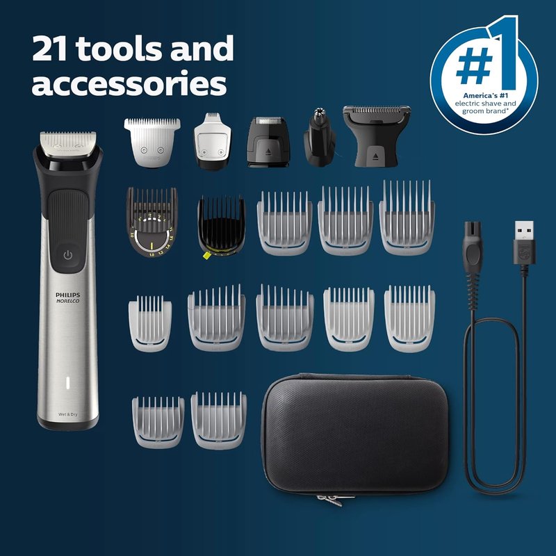 Norelco New Philips Multigroom Series 9000-21 Piece Men's Grooming Kit for Beard, Body, face, Nose, Ear Hair Trimmer w/Premium Storage case, MG9510/60