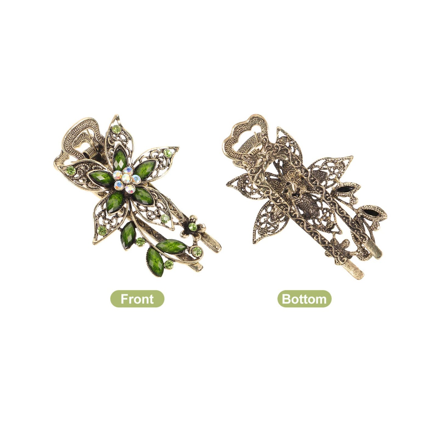 Uonlytech Hair Clip, Green Flower Crystal Hair Clip, Sparkly Glitter Rhinestones Hair Clips French Elegant Hair Barrettes Hair Jewelry for Women Girls