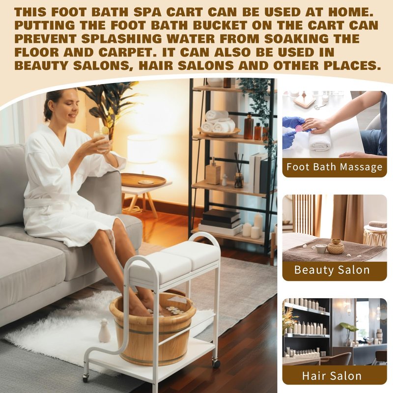 Geelin Pedicure Cart Foot Bath Trolley Portable Pedicure Station Beauty Salon Nail Bath Spa Rolling Cart Stand Supplies with Locking Wheels, Adjustable Manicure Foot Massage Stool, PU Cushion(White)