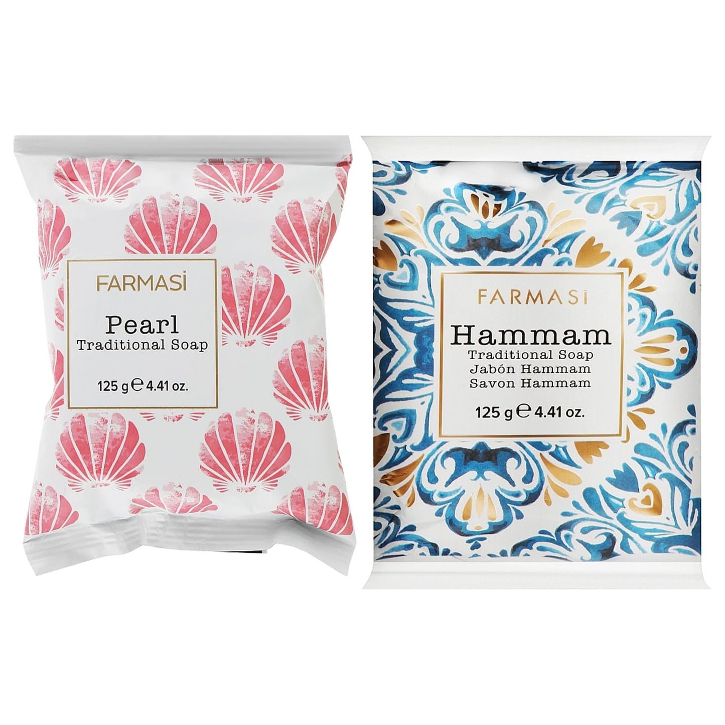 FARMASi Traditional Soap Bundle Pearl and Hammam, Powder Natural Bath Bars, 2-Pack Moisturizing Face and Body Cleansing Set for Men and Women, Non Toxic Vegan Skin Care, 4.41 oz Each