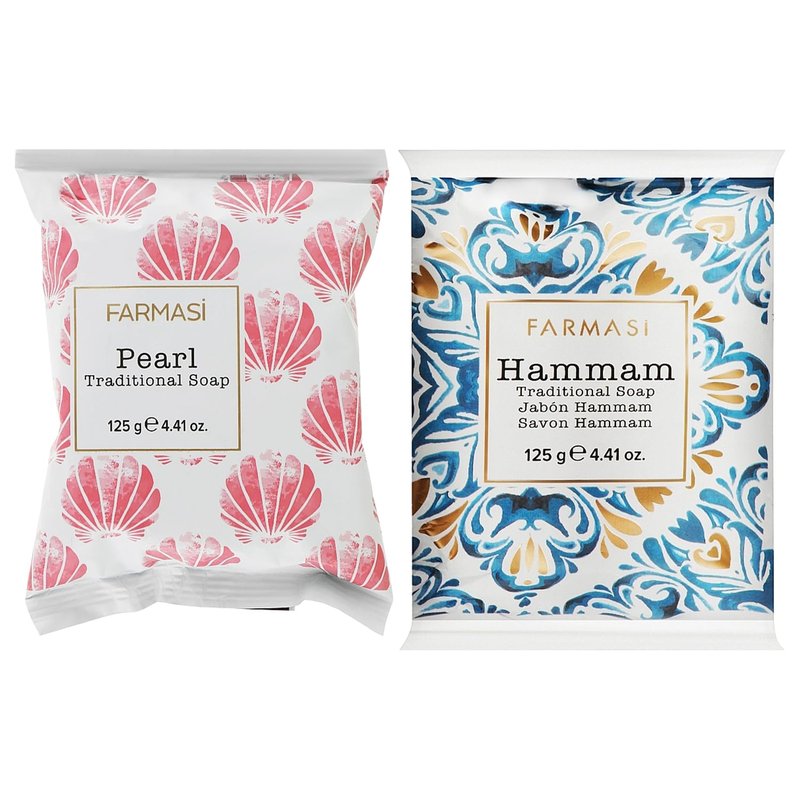 FARMASi Traditional Soap Bundle Pearl and Hammam, Powder Natural Bath Bars, 2-Pack Moisturizing Face and Body Cleansing Set for Men and Women, Non Toxic Vegan Skin Care, 4.41 oz Each