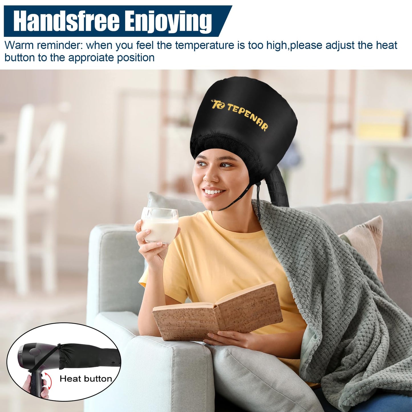TEPENAR Hair Dryer Bonnet - Upgraded Extra Large Soft Adjustable Hooded Cap for Fast Hair Styling and Care