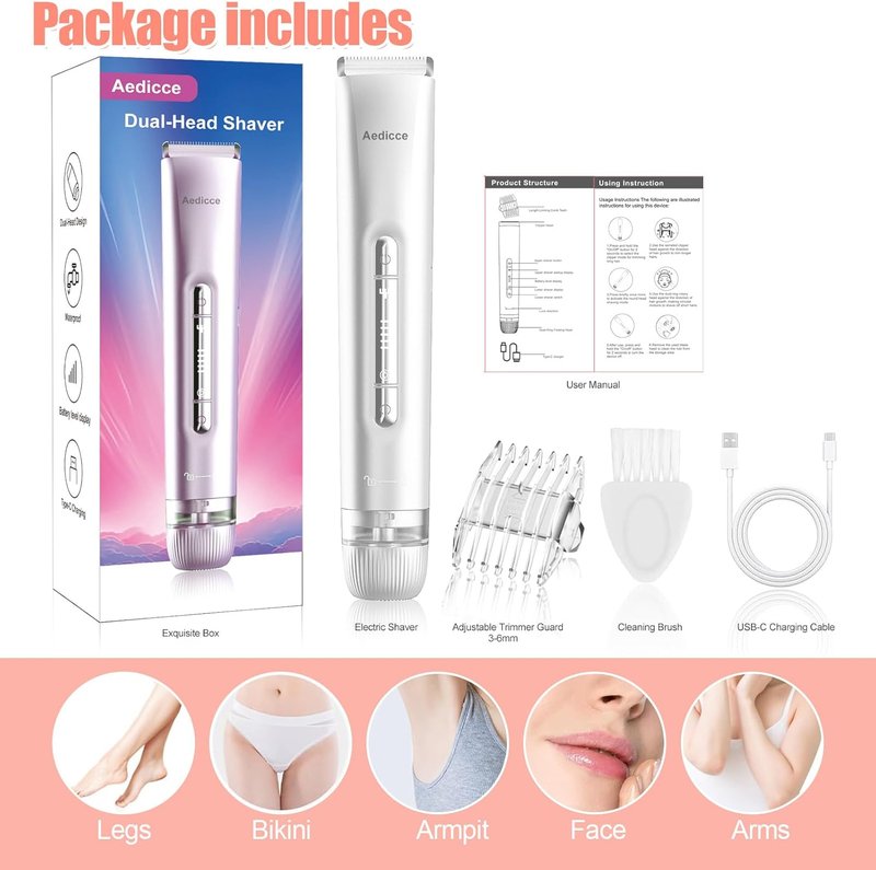 Bikini Trimmer for Women - 2-in-1 Electric Shaver & Razor | IPX7 Waterproof, Rechargeable Hair Removal for Body & Face