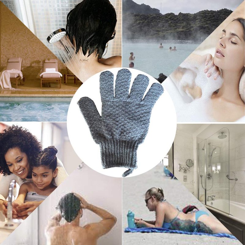 CLEEDY Bath Exfoliating Gloves - 4 Pcs Lengthened and Large Scrubbing Gloves for Shower, Spa, Massage - Scrub Mitts for Body, Face, Hand and Foot (Black and Gray)