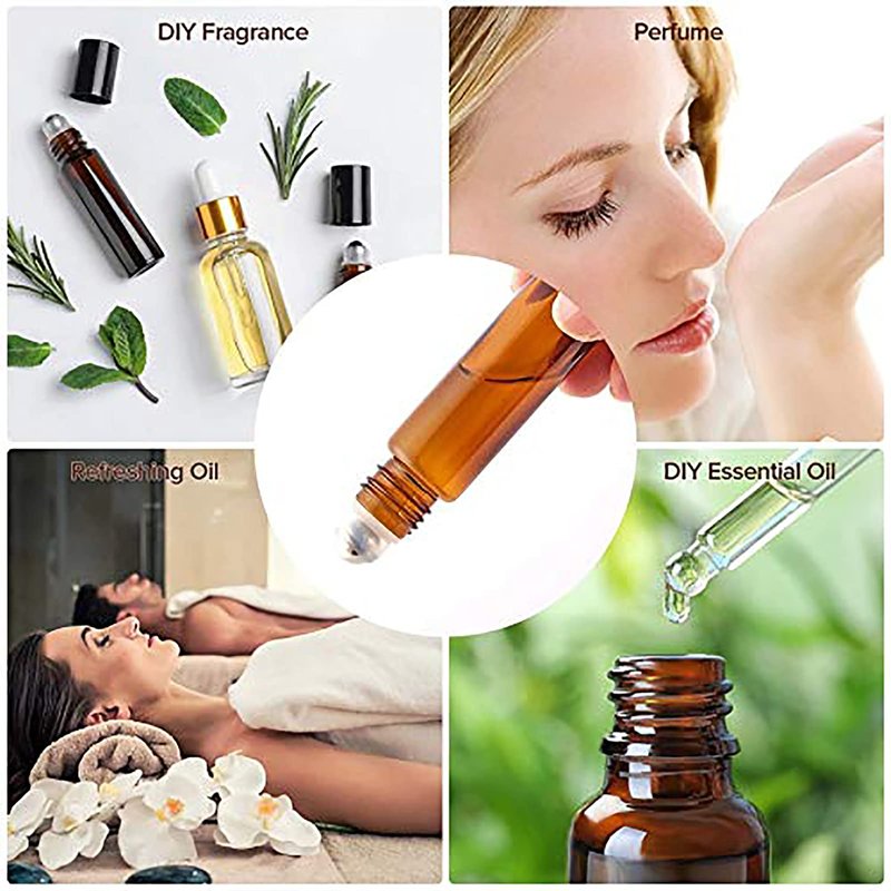Hoa Kinh Roller Bottles for Essential Oils 10ml 48Pack Empty Amber Glass Perfume Roller Bottles with Stainless Steel Balls Refillable Roller Ball Applicator for Hair, Essential Oil