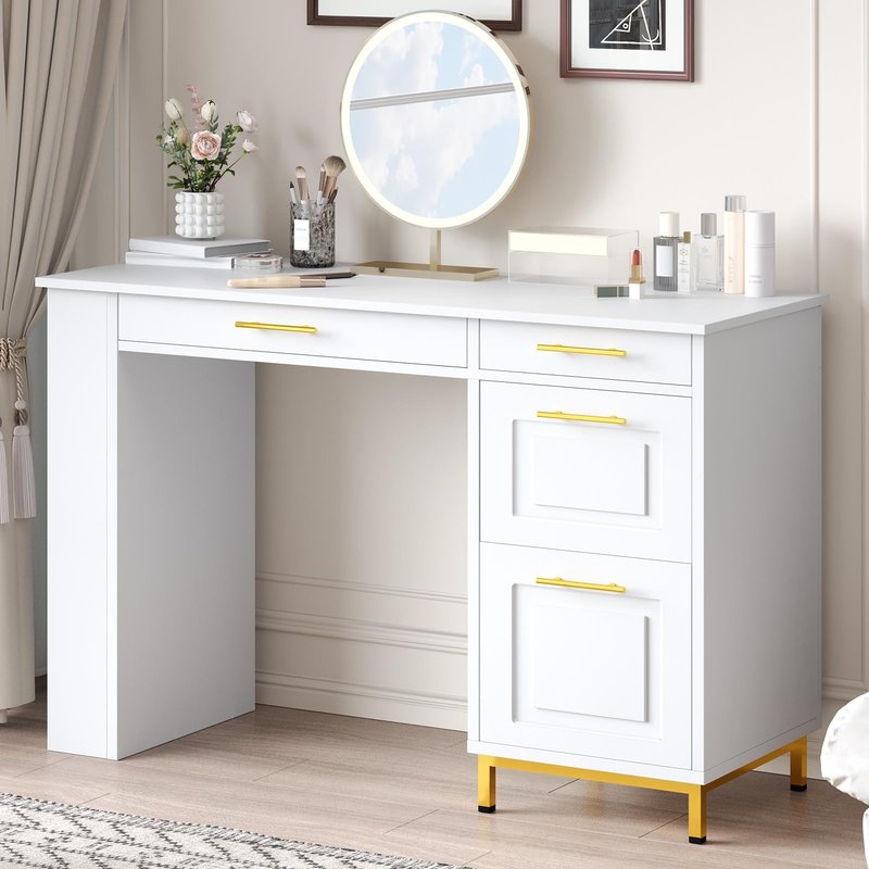 4 EVER WINNER White Desk with Drawers and Power Outlet, 48 Inch Small Desks with Storage Golden Handle, Girls Desk with 4 Storage Writing Table for Small Spaces, White and Gold Desks