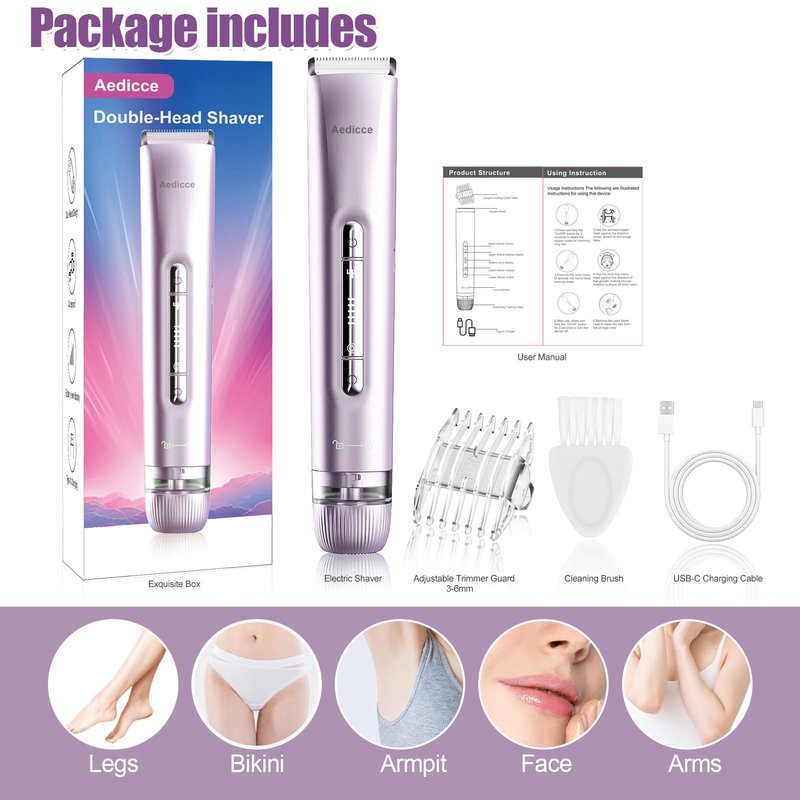 Bikini Trimmer for Women 2 in 1, Dual Head Womens Electric Shaver, Electric Razors for Pubic Hair, IPX7 Waterproof Rechargeable Facial Hair Removal for Shaving Underarm Leg Arm Body Face, Purple