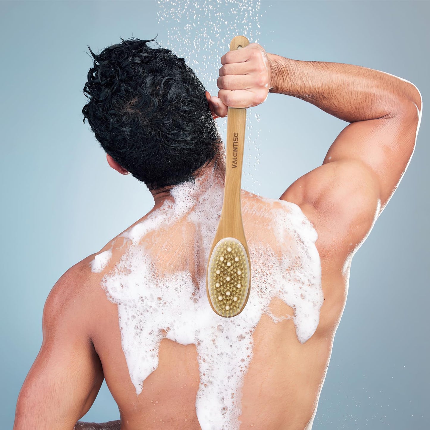 VALENTISE Back Scrubber for Shower, Shower Brush Long Handle with Boar Bristle and Massage Nodes, Exfoliating Body Scrubber for Lymphatic Drainage, Cellulite & Blood Circulation