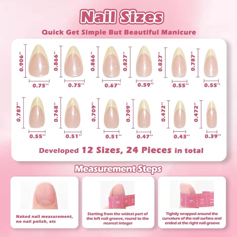 FANTEXY French Tip Press on Nails Kit Short Almond Nail Tips Soft Gel,Reusable Stick On Nails in 12 Sizes,24 Fake Nail Kit With Adhesive Tabs and a Rubbing Strip,French Tip Press ons Almond