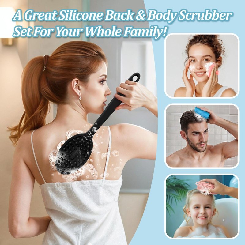 GEENOA Silicone Back & Body & Face Scrubber Set 3PCS, Gentle Exfoliating Back & Body Scrubber with Dual-Side Brush Head, Hygienic Silicone Loofahs with Soft Bristle and Non-Slip Handle(Black-3PC)