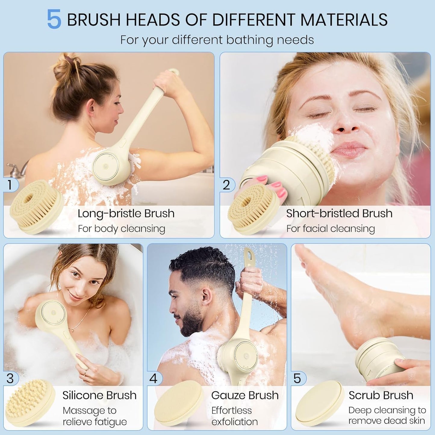 Electric Body Brush Back Scrubber for Shower, Waterproof Long Dual Handle Power Body Scrubber with 5 Heads, Bath Brush 3 Speeds, for Cleansing,Exfoliating and Massaging Skin,Gift for Birthday Holiday