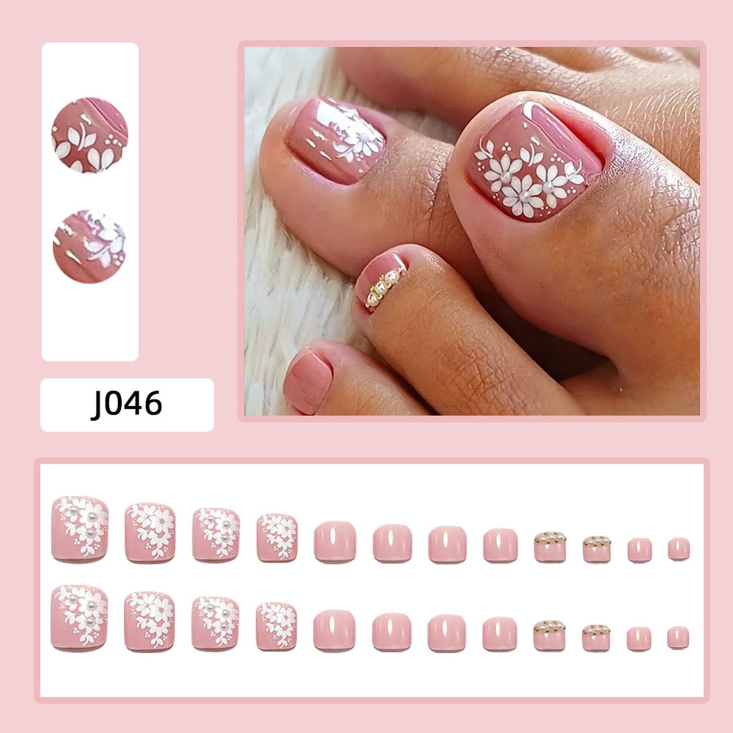 White Floral Press on Toenails Short Square Fake Toe Nails with 3D Flowers Designs Glossy Pink Toenail Press ons Acrylic Toe Nail Tips Reusable Stick on Toenails for Women Manicure 24Pcs