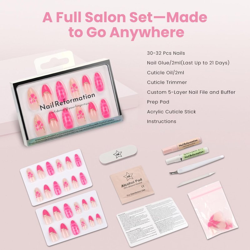Nail Reformation Press On Nails, Peony Pop | 3D Floral Medium Almond Fake Nails with Pink French Tips on Nude Base in Glossy Finish, Reusable Stick On Nails in 15 Sizes - 30 Nail Kit for Women Gifts