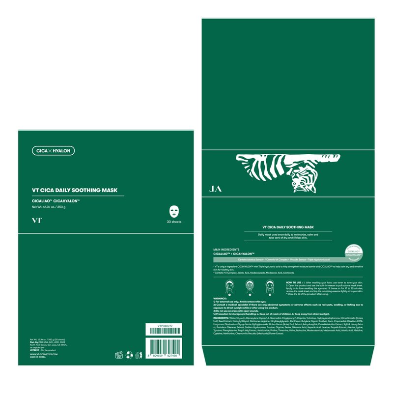 VT COSMETICS CICA Daily Soothing Mask 30 Sheets, Centella Asiatica & Hyaluronic Acid for Moisturizing & Hydrating, Instant Calm & Glow, Skin Softening Facial Mask, Korean Face Mask