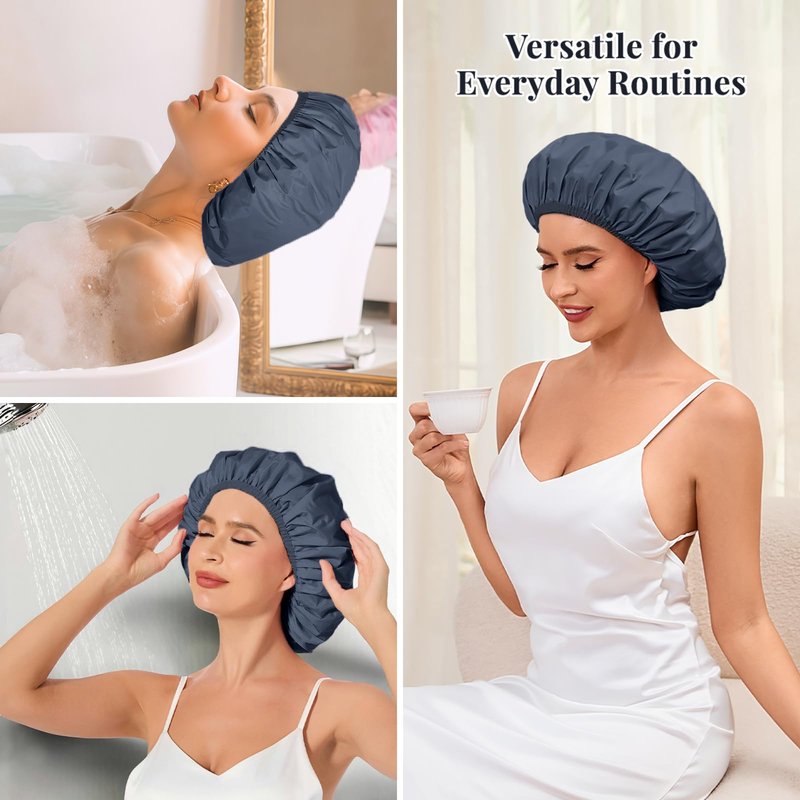 Shower Cap for Women Waterproof Reusable, Large Shower Cap Non-Slip with Elastic Band, Washable Bath Hair Hat for Long Hair, Braids (Navy Blue)