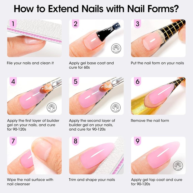 Builder Gel Set for Nails - 10 in 1 Hard Nail Extension Poly Gel | Soak Off UV Polish, 4 Colors: Clear, Milky White, Classic Pink, Nude