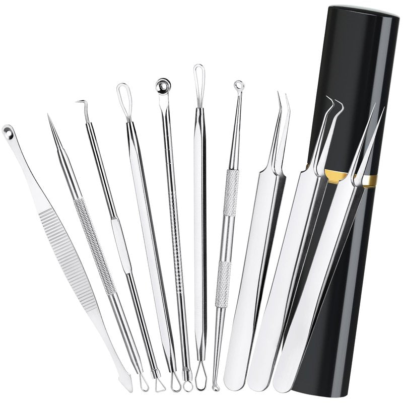 Pimple Popper Tool Kit,10 Pcs Professional Blackhead Remover Comedones Extractor for Easy Removal for Pimples,Blackheads,Zit Removing, Facial and Nose, Acne Removal Kit with Metal Box (Silver)