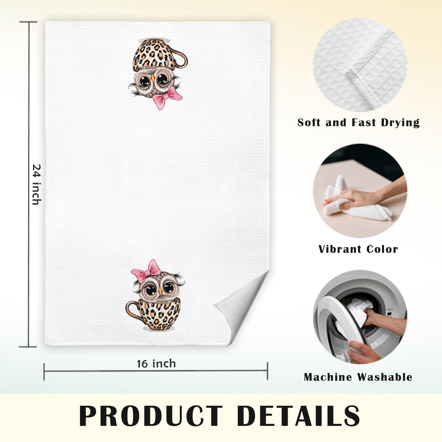 JINYO Cute Leopard Print Owl Kitchen Towels Set of 2, Coquette Bow Owls Hand Towels for Bathroom Kitchen Decor, Owl Gifts for Women Decorative Dish Tea Towels, 16x24 Inch