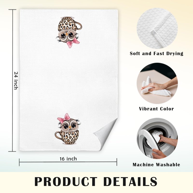 JINYO Cute Leopard Print Owl Kitchen Towels Set of 2, Coquette Bow Owls Hand Towels for Bathroom Kitchen Decor, Owl Gifts for Women Decorative Dish Tea Towels, 16x24 Inch