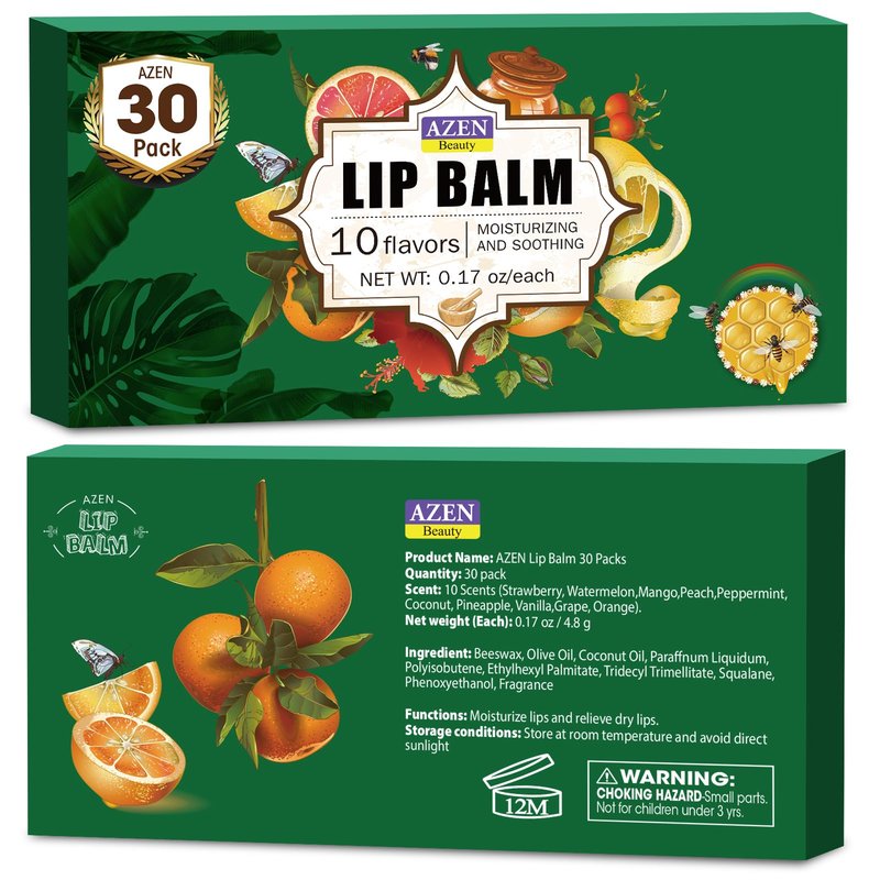 AZEN 30 Pack Lip Balm, Natural Lip Balm Bulk, Lip Care Product, Moisturizing Lip Balms for dry cracked lips, Mothers Day Gifts Easter Basket Stuffers - 10 Flavors