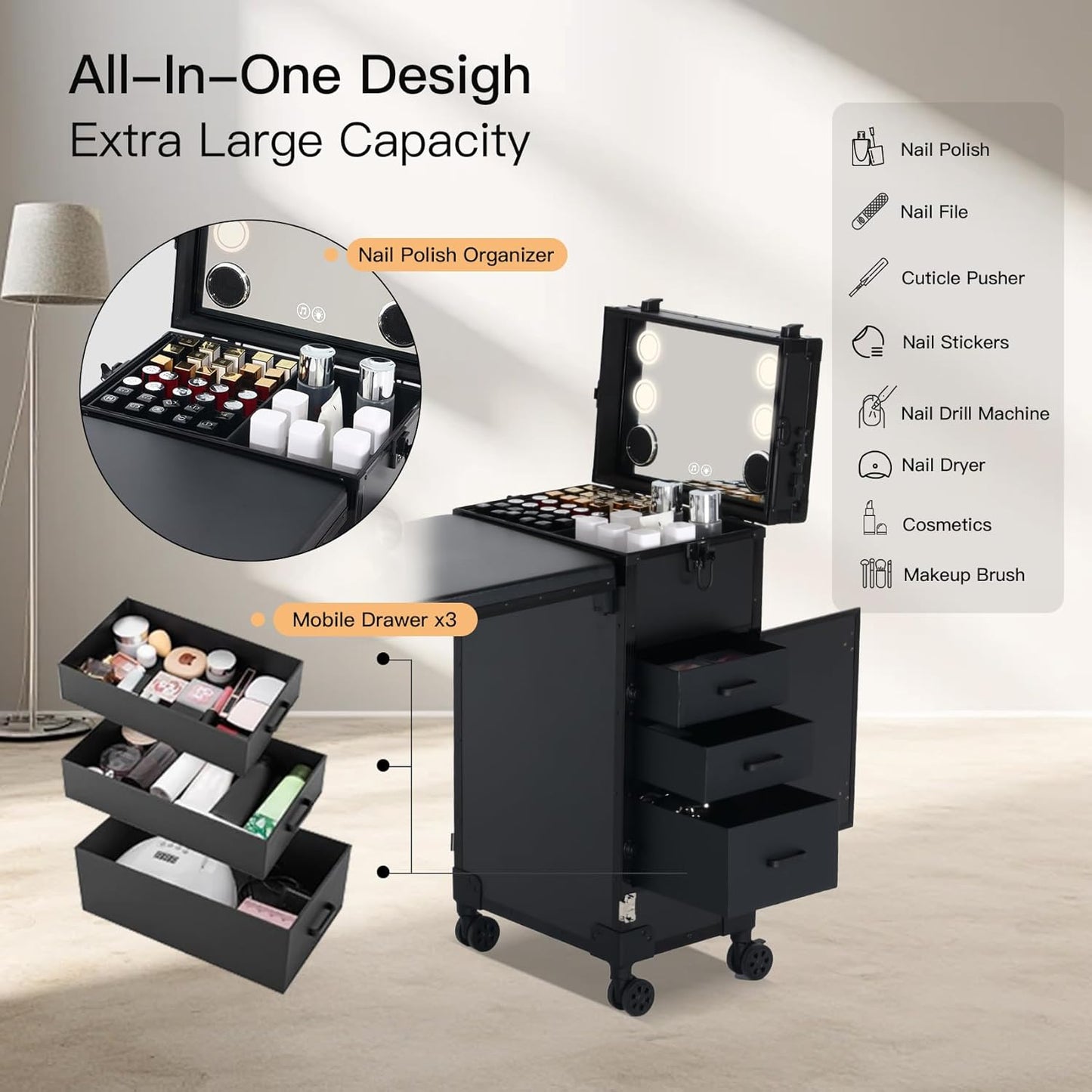 Skiennix Portable Nail Desk - Foldable Manicure Table with 3 Drawers & Mirror | Rolling Mobile Workstation in Black