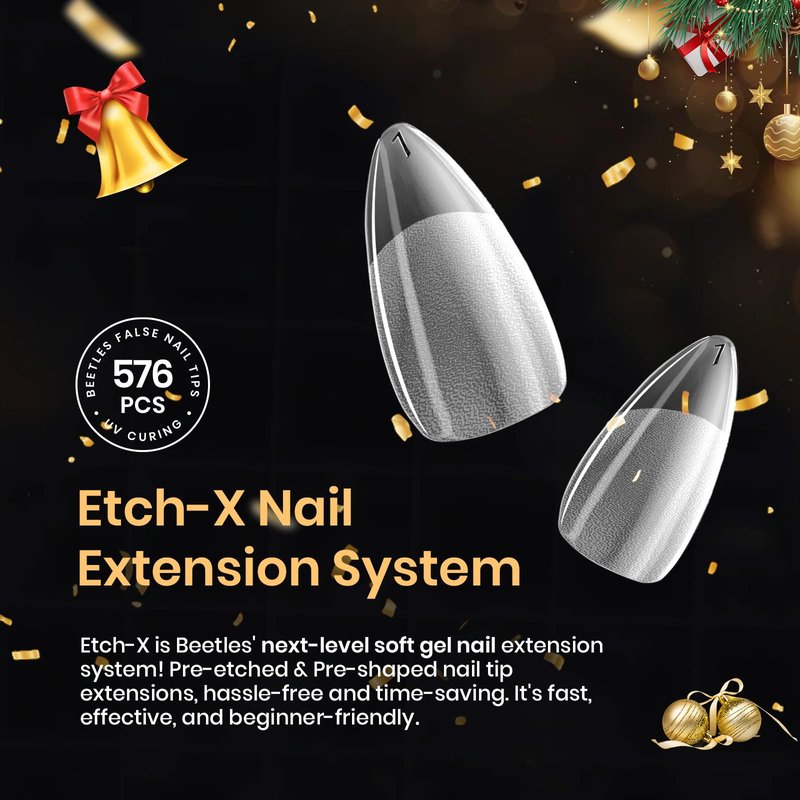 Beetles Gel Nail Tips 576Pcs Pre-shape Short Almond Etch-X Nail Tips,12 Sizes Soft Acrylic False Nail Tips Half Matte Full Cover Easy DIY Press On Nail Extensions Art Salon Gift Set for Women