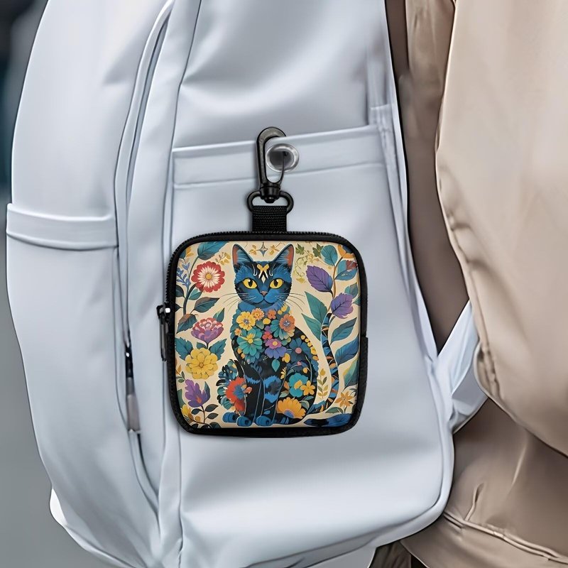 Floral Black Cat Hanging Zero-Hands-Free Waist/Belt/Bag Clip Organizer for Snacks,Earphones,Keys & Daily Essentials|Gifts for Cat Lovers(AB-002)