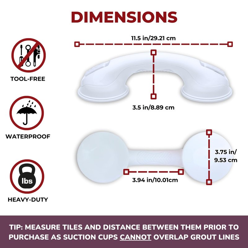Safe-er-Grip Safe-er-Grip Changing Lifestyles Suction Cup Grab Bars for Bathtubs & Showers; Safety Bathroom Assist Handle, White, 12 inches