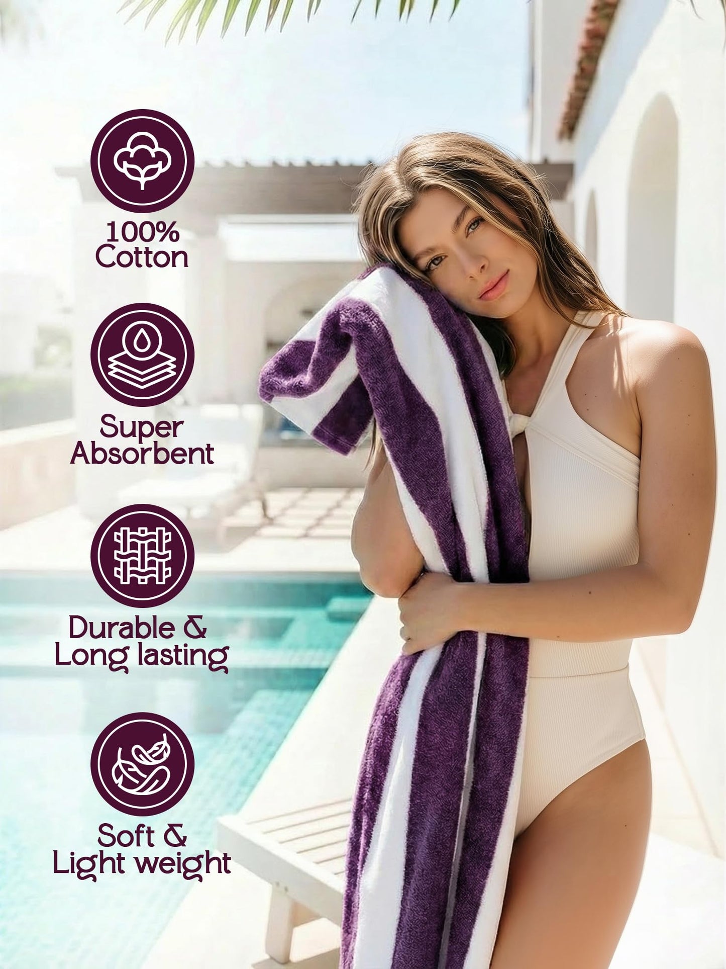 Utopia Towels Pack of 4 Cabana Beach Towels, Oversized 30 x 60 Inches Cotton Beach Towel Set, Smooth Ring Spun Texture for Pool and Swim Days, Modern Striped Design Bath Towels, Plum
