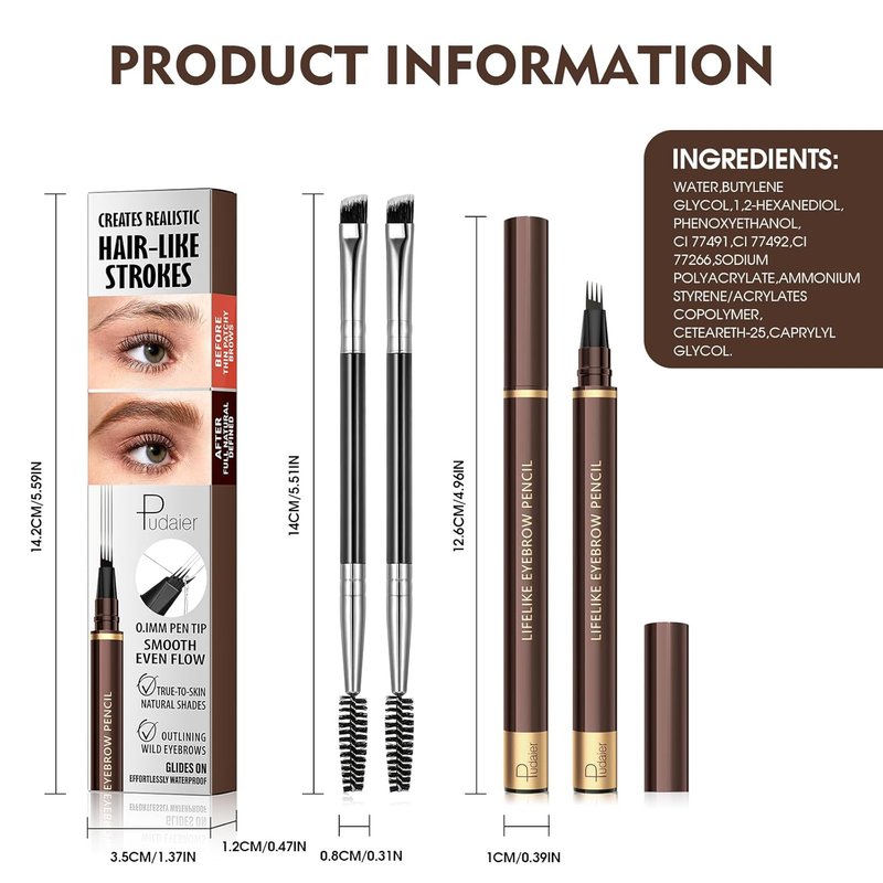 Microblading Eyebrow Pen - 2 Pack 4-Tip Waterproof Vegan Formula for Natural Hair-Like Strokes | Dark Brown