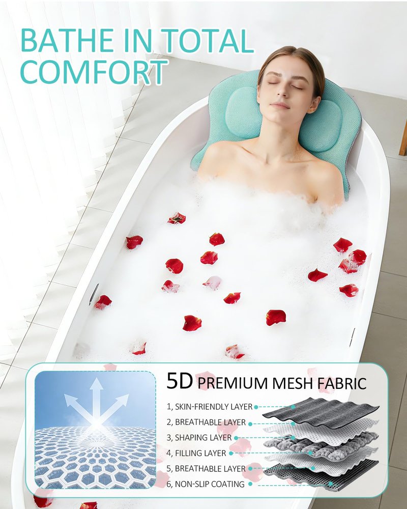 Full Body Bath Pillow for Bathtub, 5D Thick Tub Pillow for Bathtub with 192 Non-Slip Suction Cups, Laundry Bag & Hook, Bathtub Pillow for Head, Neck & Back Support (Green, 51"*15")