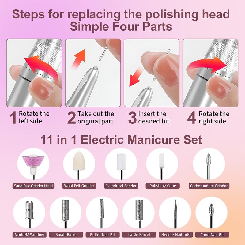 Electric Nail Drill - 35000RPM Cordless Pink Nail File for Acrylic & Gel Polish | Portable Rechargeable Manicure Kit