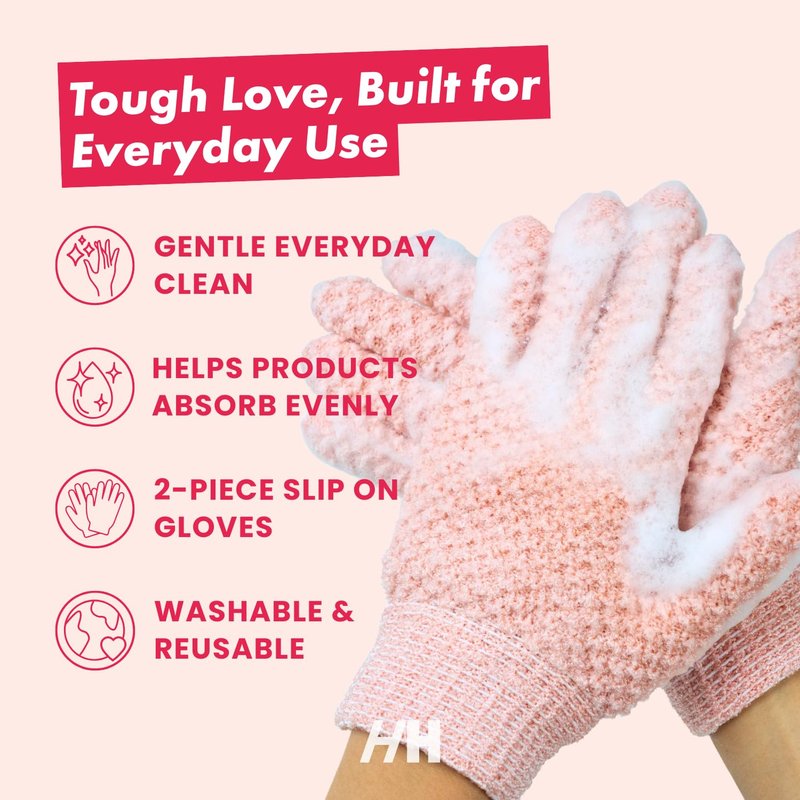 Handmade Heroes Tough Love Exfoliating Gloves – 2pc Reusable Body Washcloth Mitt for Shower Bath & Spa, Dead Skin Remover, Ingrown Hair & Self Tan Exfoliator, Women Shower Accessories for Smooth Skin